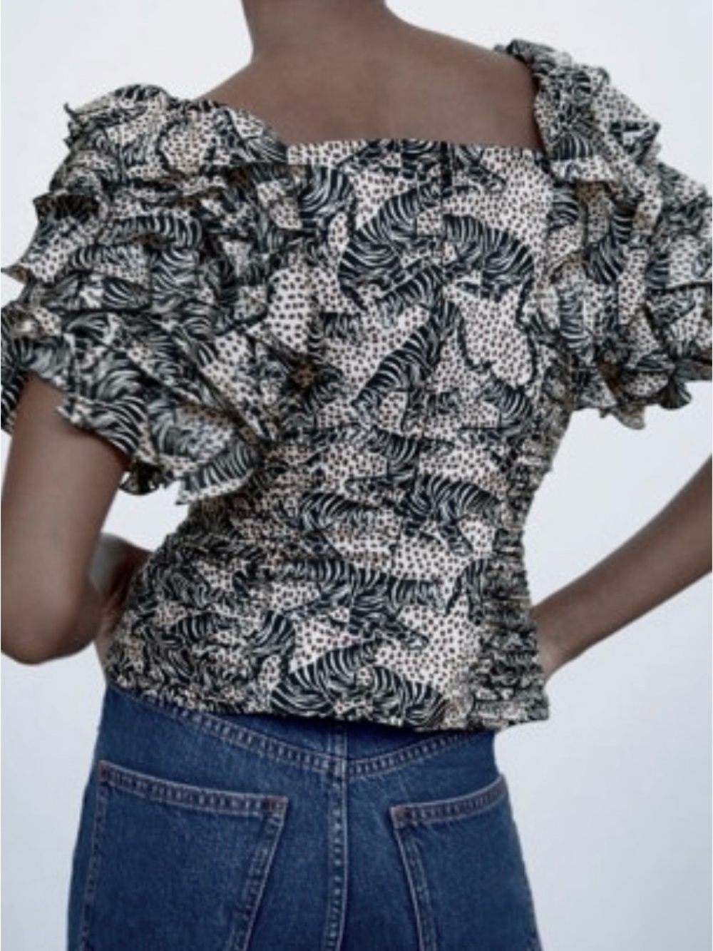 Zara Black and Cream Ruffled Off-Shoulder Peplum Top